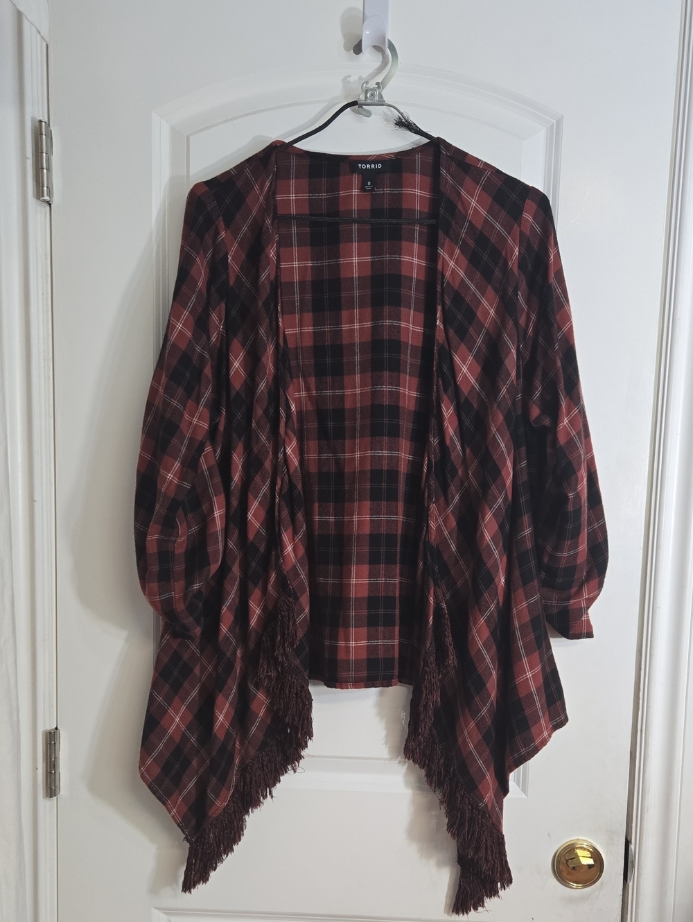 torrid Burgundy and Black Plaid Fringe Open Cardigan 0x